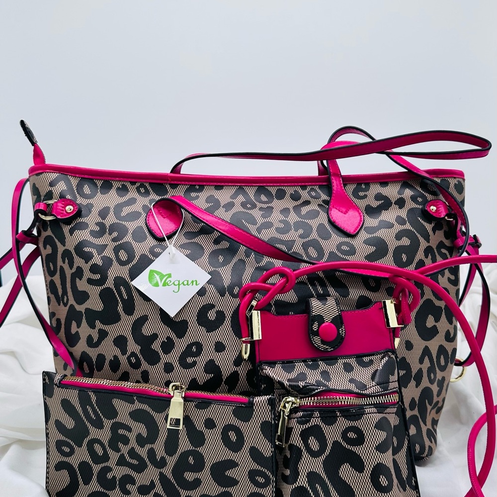 Vegan Leopard Print Tote Bag Set - Pink Accents